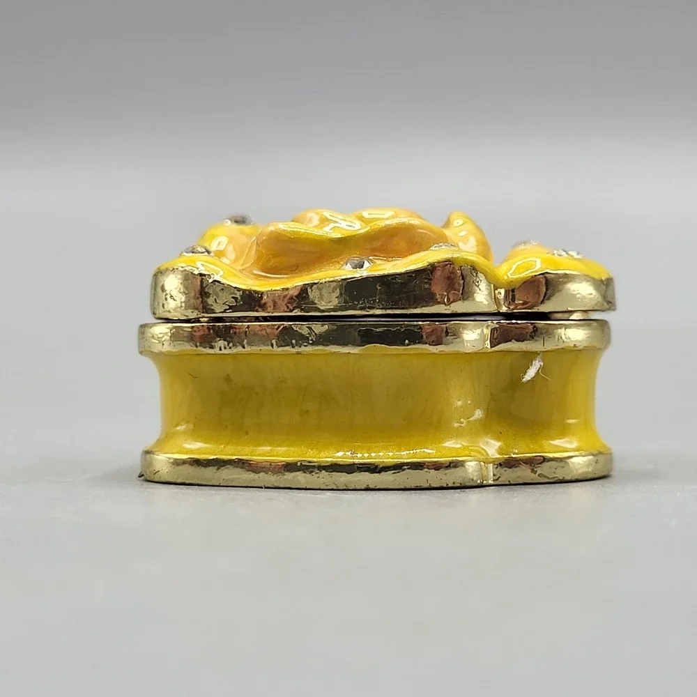 Work of Art Mini Trinket Pill Box Enamel Rose Rhinestone Yellow Shelf Decor